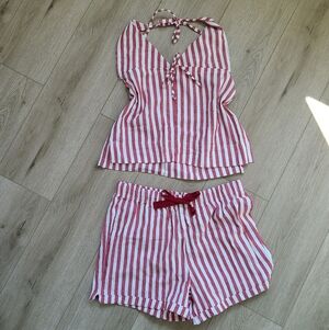 H&M Red and White Striped Halter Tank & Shorts Sleep Set